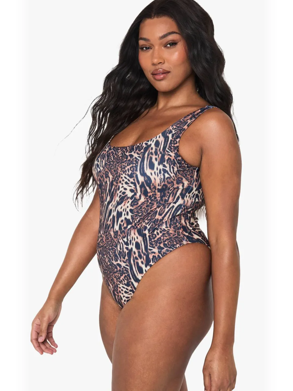 boohoo Dames Plus Swimwear Essentials Luipaard Vierkante Hals Badpak luipaardprint, foto 3