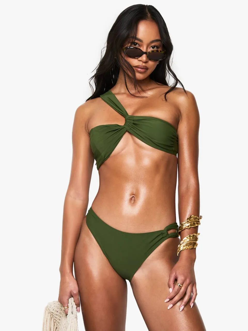 boohoo Dames Premium Satijn Asymmetrische Halterneck Hipster Bikini Bottoms kaki, foto 2