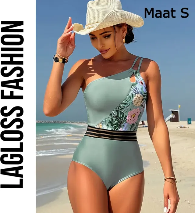 LaGloss Badpak Asymmetrisch Mint Blauw Bloemen – - Trendy One-Piece Zwemkleding met Hollow-Out Details Zwart