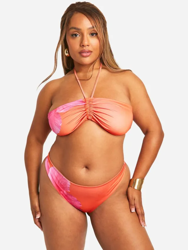 boohoo Dames Plus Size Bloemen Bandeau Bikini Top Oranje