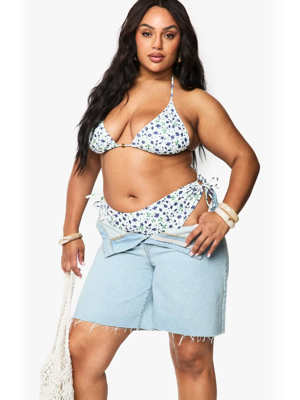boohoo Dames Plus Ditsy Floral met kralen asymmetrische bikini slip met zij-tie violet, foto 2