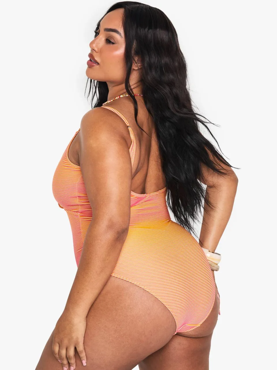 boohoo Dames PLUS TEXTURED STRIPE CUTOUT BADKOSTUUM oranje, foto 3