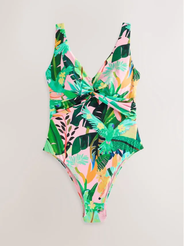 Next Dames - Diepuitgesneden buikbedekkend badpak - Tall - Roze Coral Pink Tropical