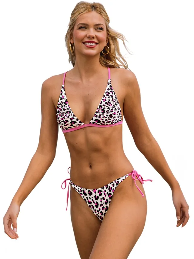 Cupshe Triangle Bikini Set - Luipaardprint - Verstelbare Bandjes - Kruisbandjes op de Rug - Dames - Roze Roze met luipaardprint