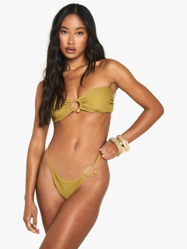 boohoo Dames Resin Stone Trim Gold O-Ring Detail Tanga Bikini-broekjes Olijf