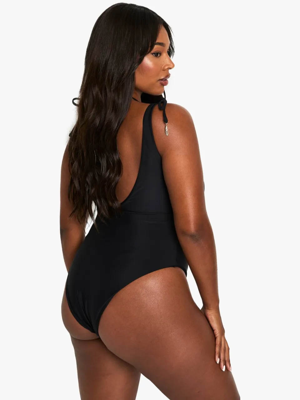 boohoo Dames Plus Feather Charm Rugloos Badpak zwart, foto 2
