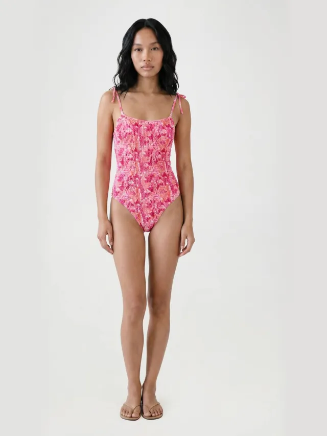 boohoo Dames Badpak Met Bloemenprint, Shirring En Strikbandjes En Vierkante Hals Roze
