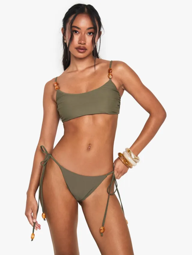boohoo Dames Resin Stone bikini-broekjes met zijgebonden detail kaki, foto 3