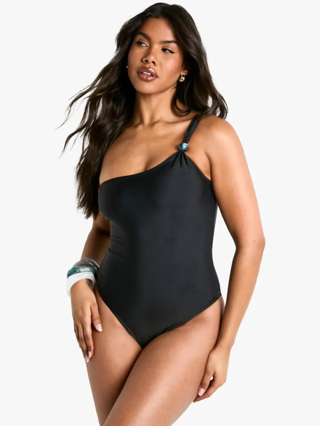 boohoo Dames Kralen Een-Schouder Badpak Zwart