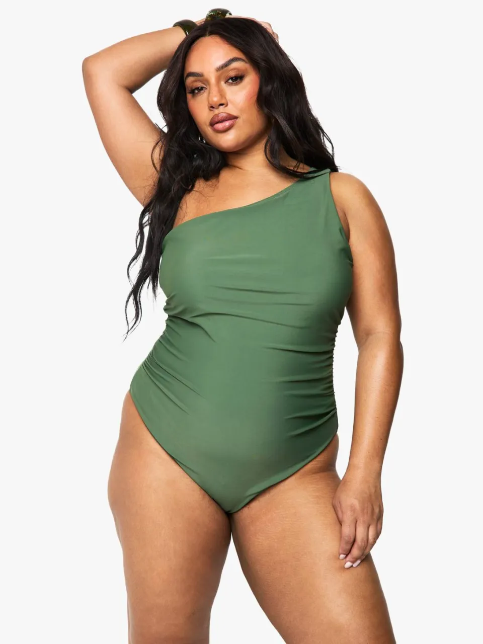 boohoo Dames Plus Tummy Control een-schouder badpak kaki, foto 3