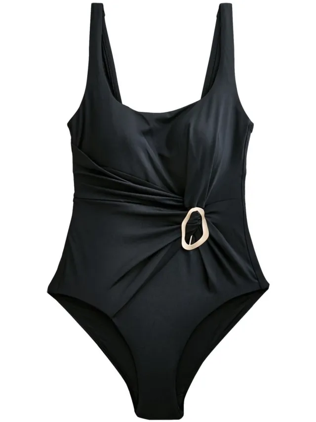 Next Dames - Buikcorrigerend badpak met gedraaide watervalhals - Tall - Zwart Black/Gold Hardware