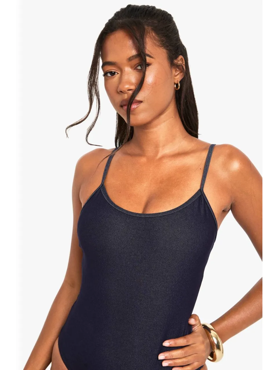 boohoo Dames Denim Look Square Neck Zwempak, foto 2