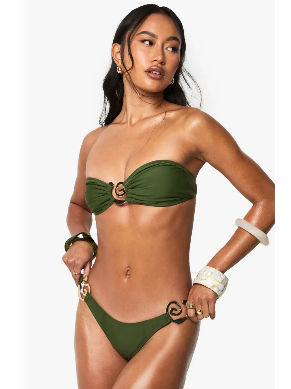 boohoo Dames Premium Swim Swirl Trim Bikini Slip Kaki