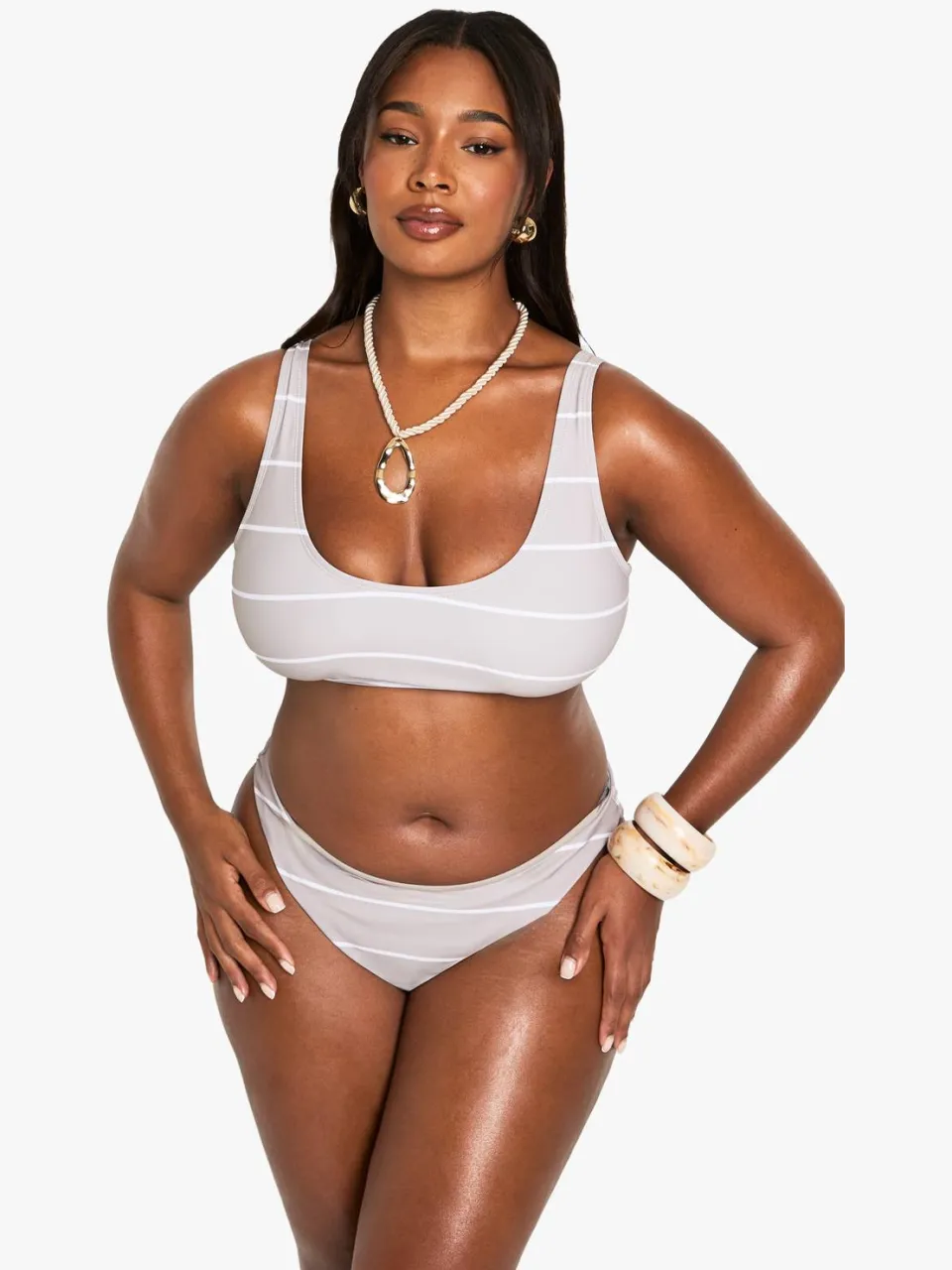 boohoo Dames Plus Swimwear Essentials gestreepte bikini-bottoms Steen