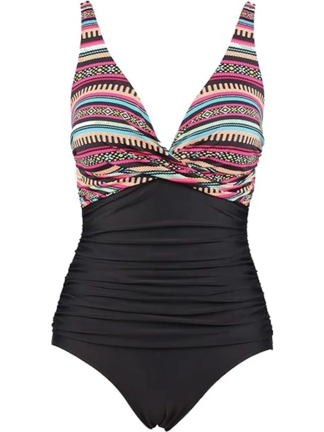 Floraweg Eendelig damesbadpak, Push-Up badpak met V-hals, buikcontrole, hoge taille regenboog