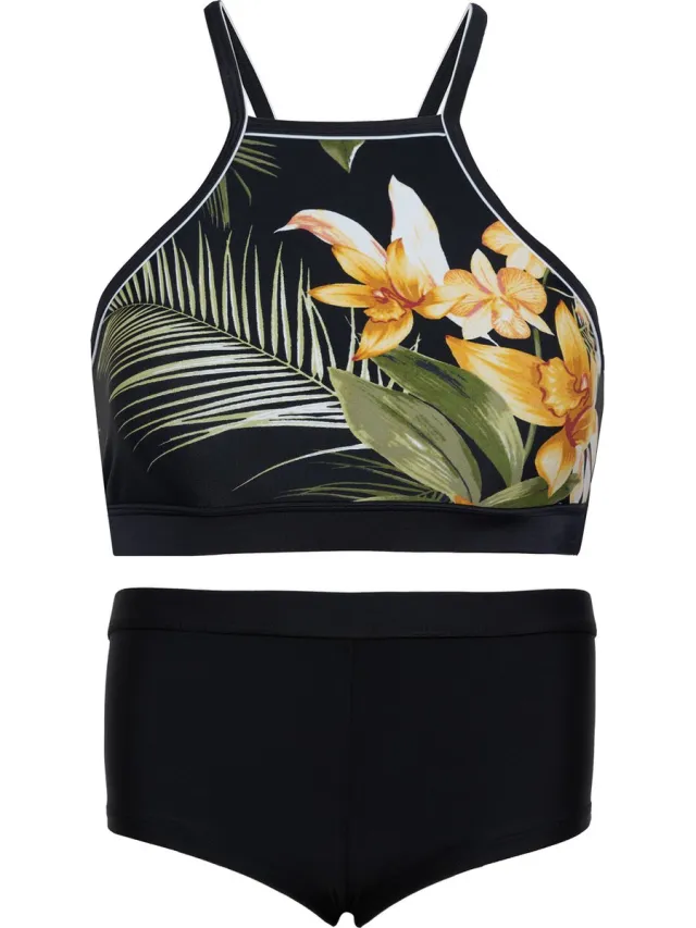 La V Bikini hipster broekje en crop top met racerback - La palma 152-158 Zwart/geel