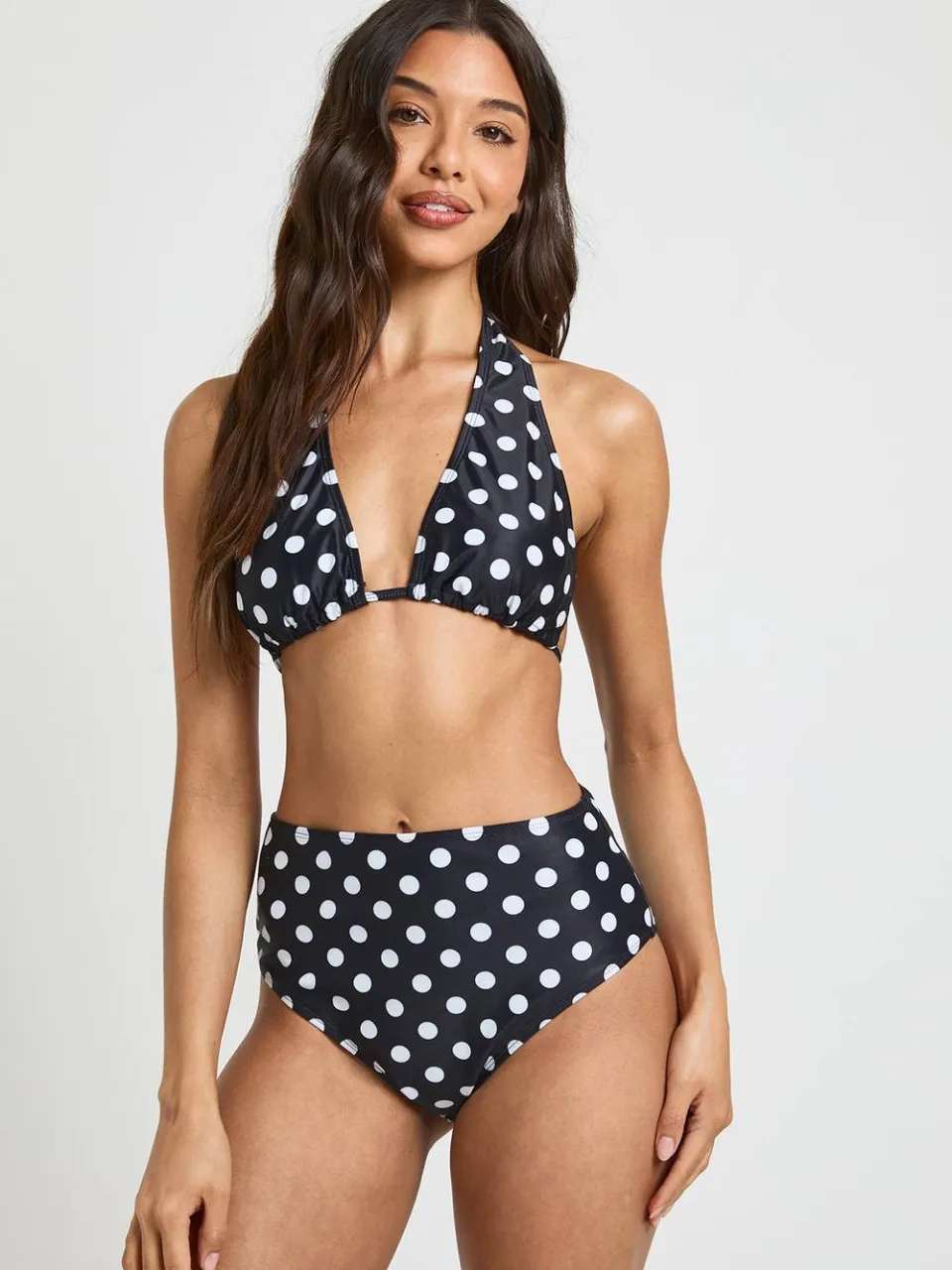 boohoo Dames Polkadot Buikcontrolerende Halternek Hoge Taille Bikini Set zwart, foto 3