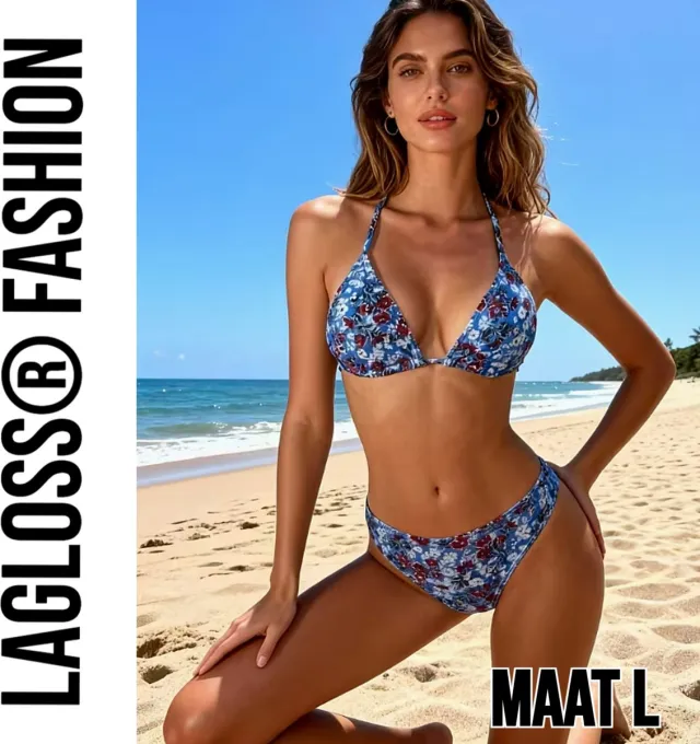 LaGloss 2-Delige Bikini Set Blauwe Bloemen Dames – Triangel Halter Badpak – Zomermode – Beach Fashion –