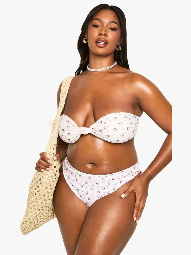 boohoo Dames Plus Swimwear Essentials Ditsy Floral Knot Bandeau Bikini Top Roze