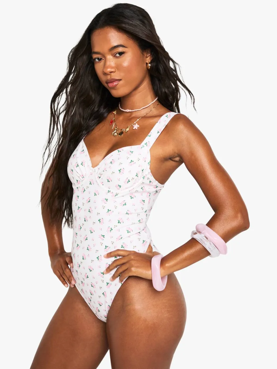 boohoo Dames Zwembroek Essentials Ditsy Floral Gerimpeld Onderbeugel Badpak Roze