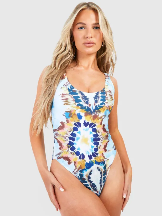 boohoo Dames Tie Dye Scoop Zwempak blauw, foto 2