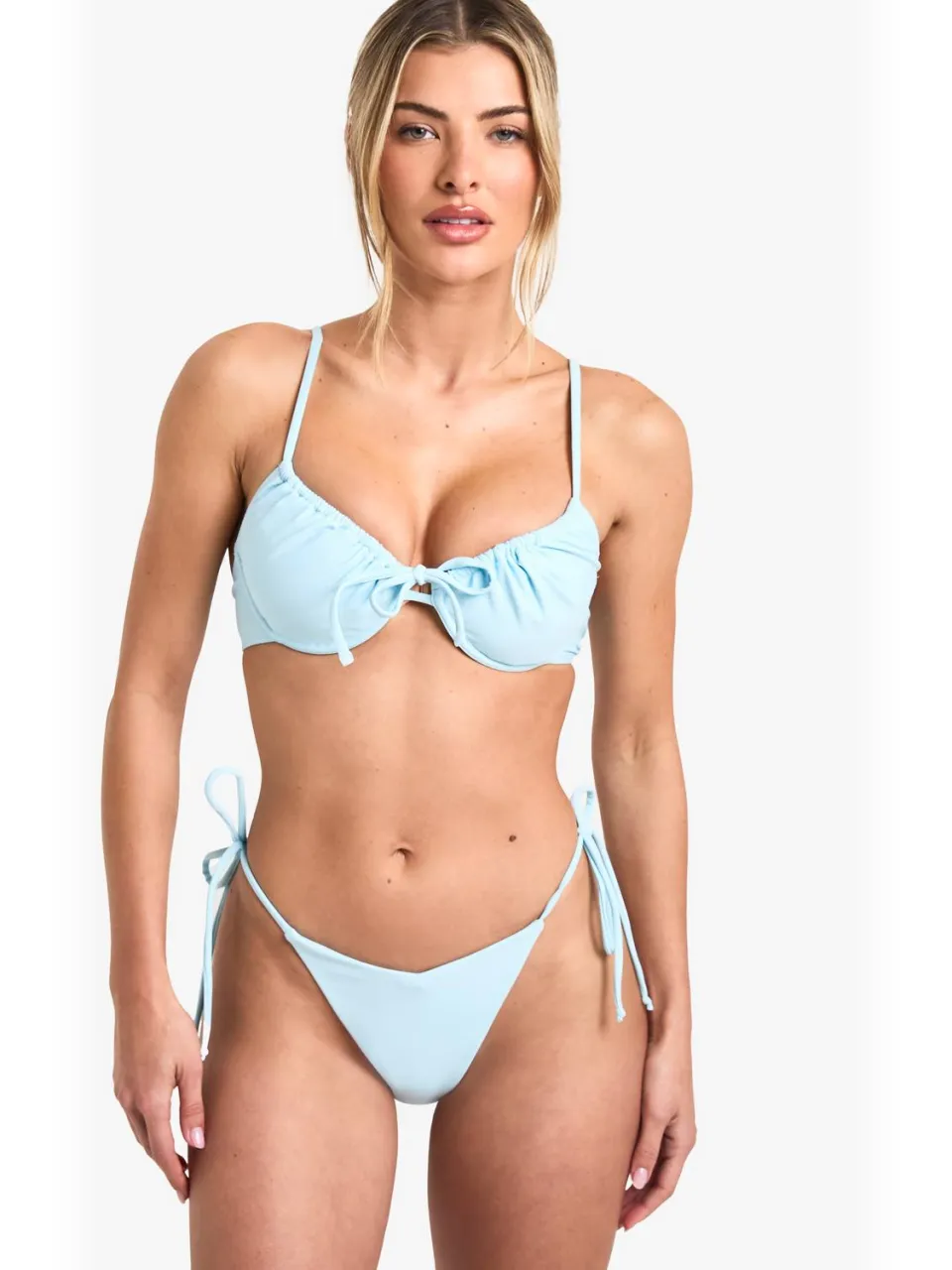 boohoo Dames Gerimpte Bum Tie Zij-Bikini Onderstuk babyblauw, foto 3