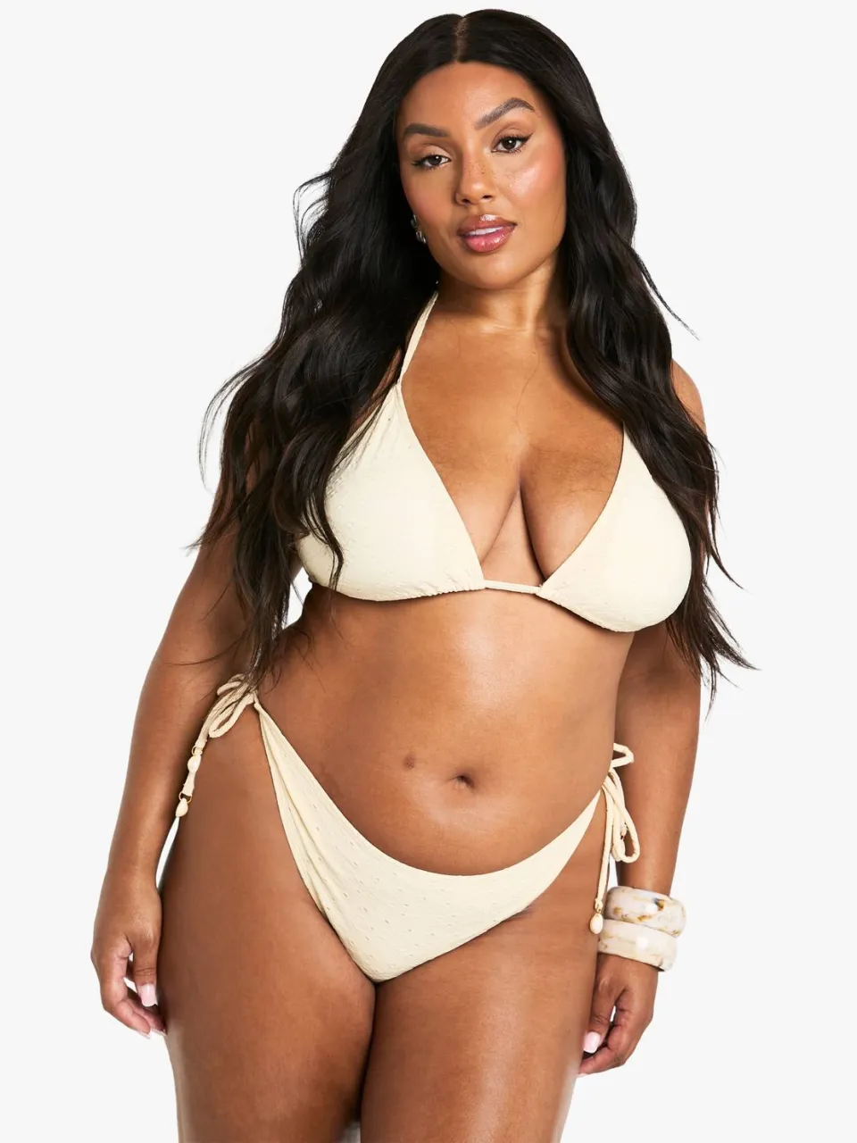 boohoo Dames Plus bikini met schelpenversiering, borduurdetails, strik aan de voorkant en hoge taille bikini Citroen
