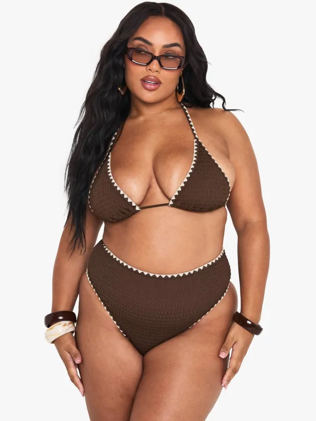 boohoo Dames Plus Contrasterende Stiksels Driehoek Bikini Set Chocoladebruin