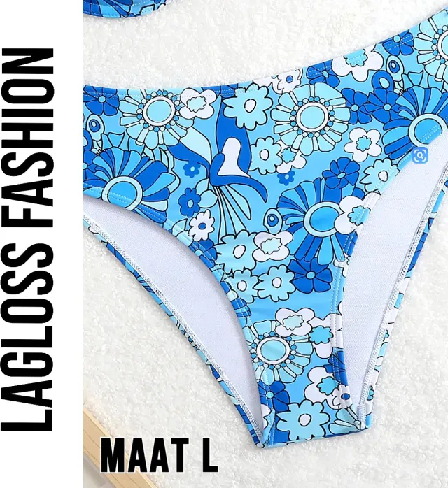 LaGloss Dames Hoge Taille Bloemenprint Bikini Broekje – Elegant Split Design – Blauw Strandvakantie Zwembroek – Hoog Elastisch –