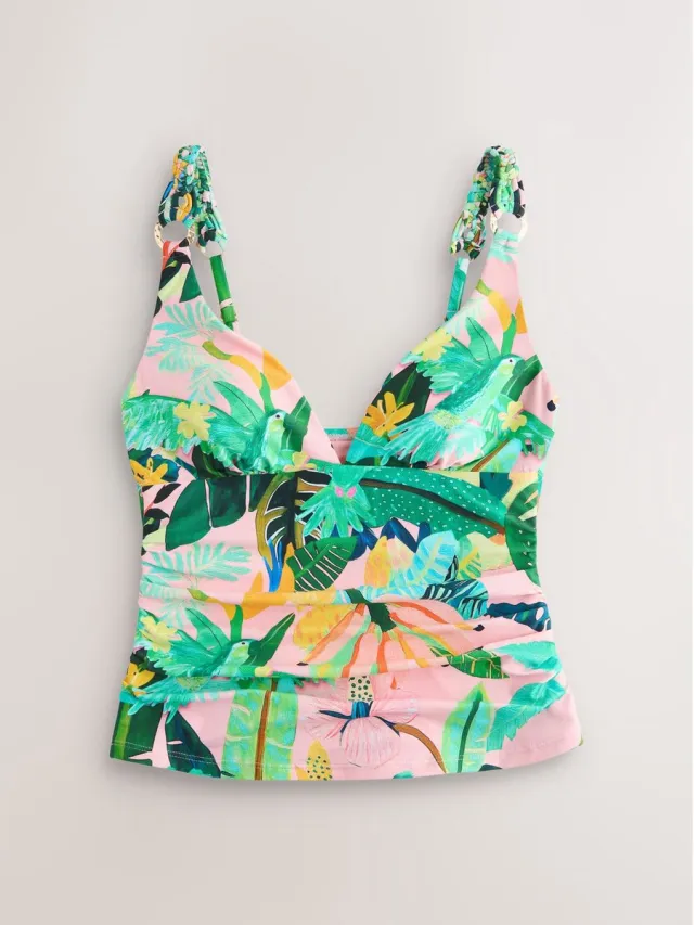 Next Dames - Buikcorrigerende diepuitgesneden tankinitop met macramé bandjes - Roze Coral Pink Tropical
