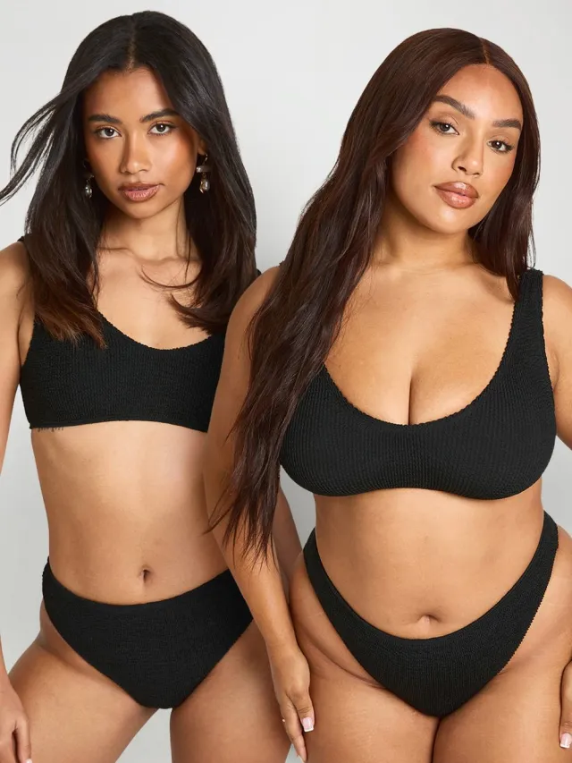 boohoo Dames Premium One Size Fits All Crinkle Scoop Bikinitop Zwart