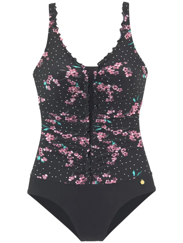 badpak zwart met bloemenprint zwart geprint