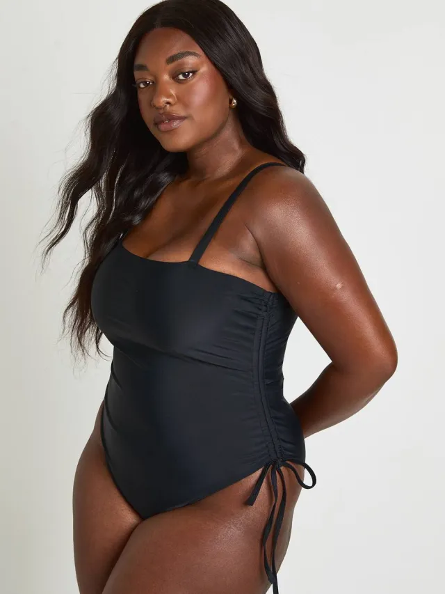 boohoo Dames Plus Buikcontrolerende Badpak Met Gerimpelde Zijkant zwart, foto 3