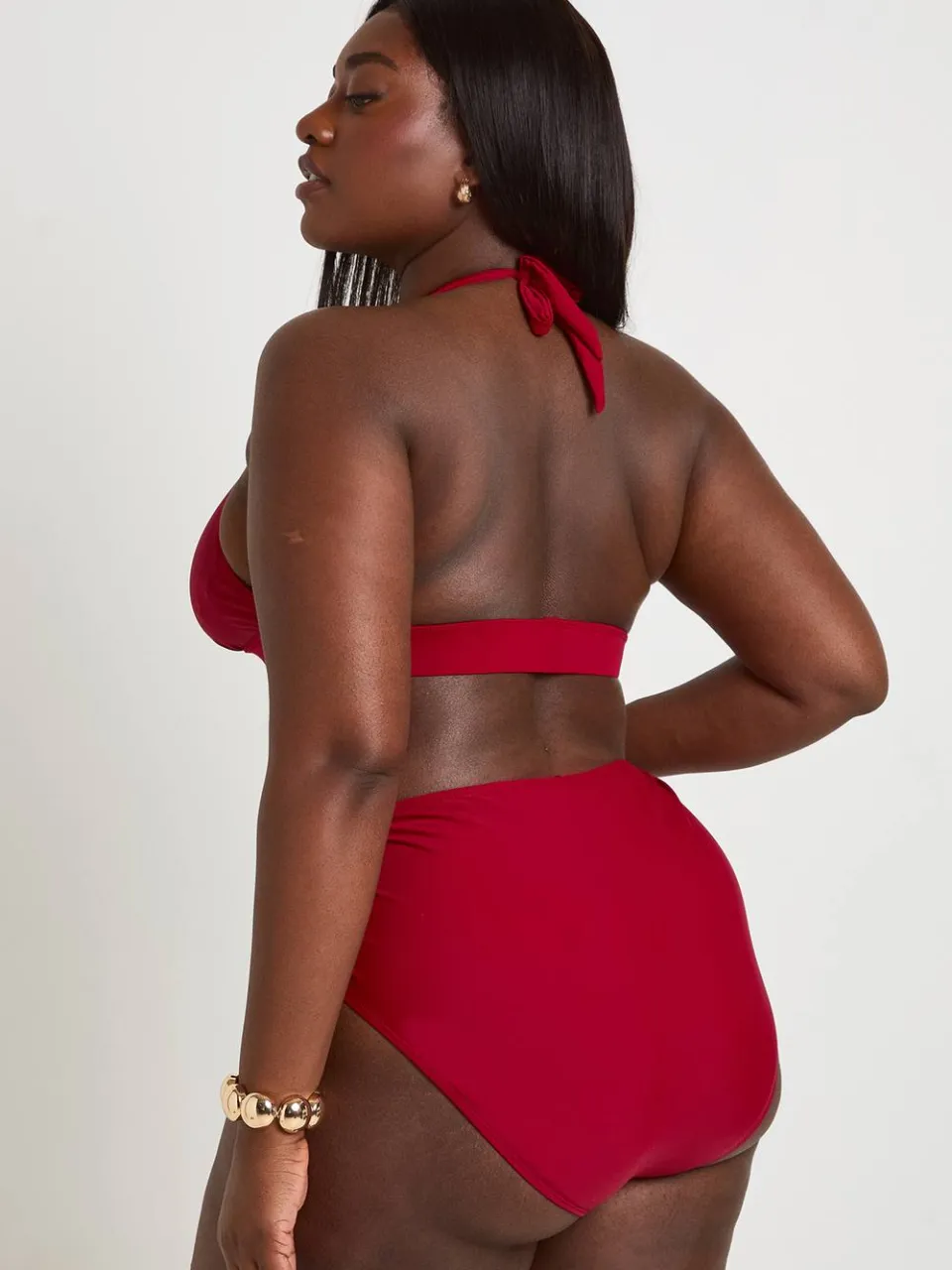 boohoo Dames Plus Size Diepe Halter Bikini Top bordeaux rood, foto 3