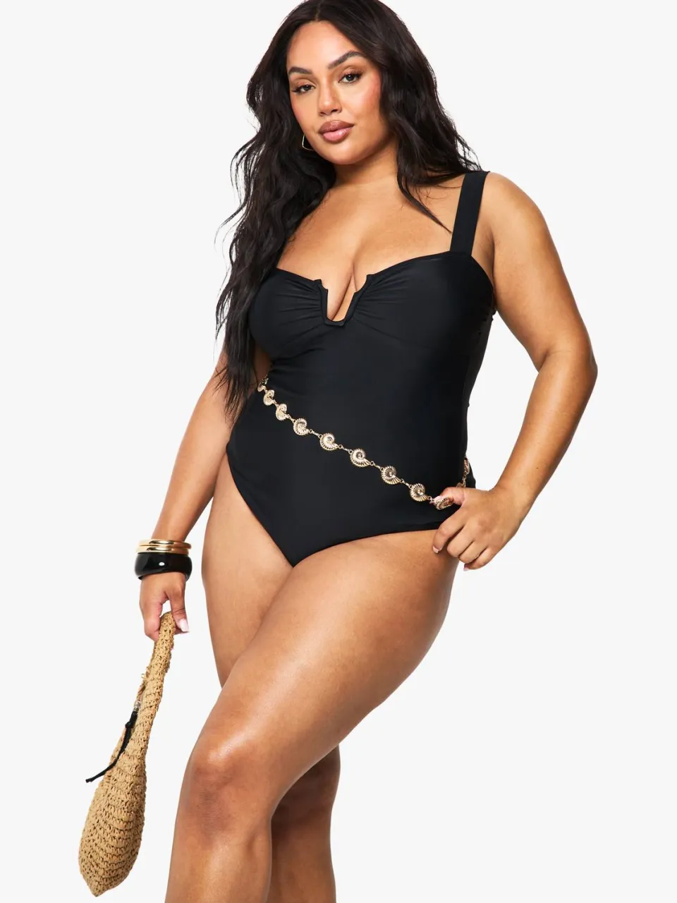 boohoo Dames Plus Tummy Control Geraffeld Voorbadpak zwart, foto 3