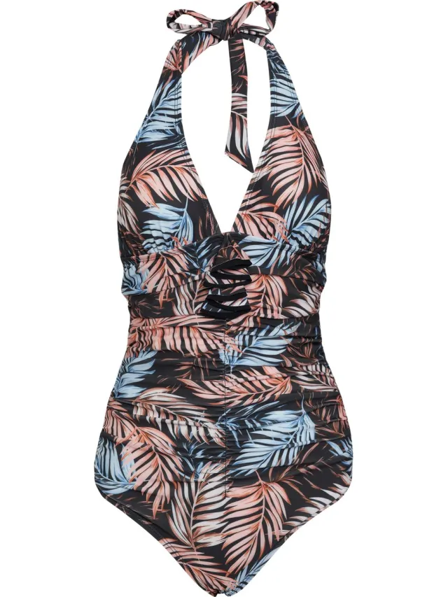 La V Badpak dames met striksluiting in de nek Palm leaf Xl (Valt klein) Bruin/zwart
