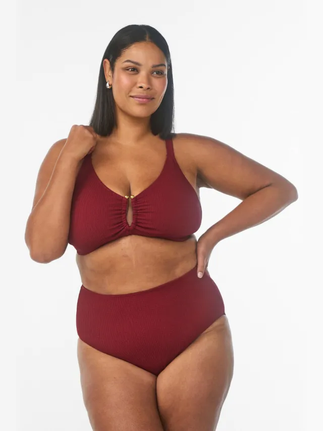 Zizzi high waist bikinibroekje SLINO met ribstructuur donkerrood