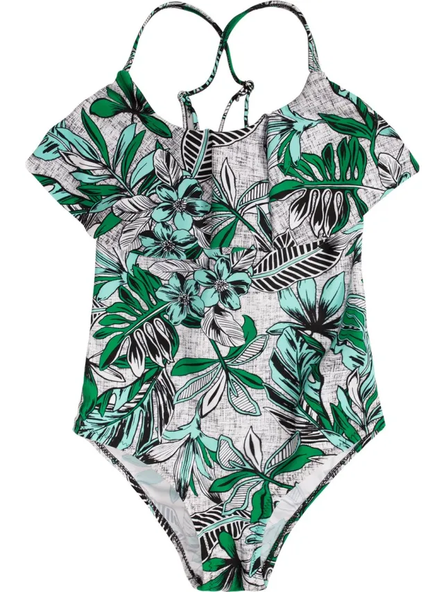 La V Badpak met volant voorkant - Jungle bloemen 104-110 Turkoois