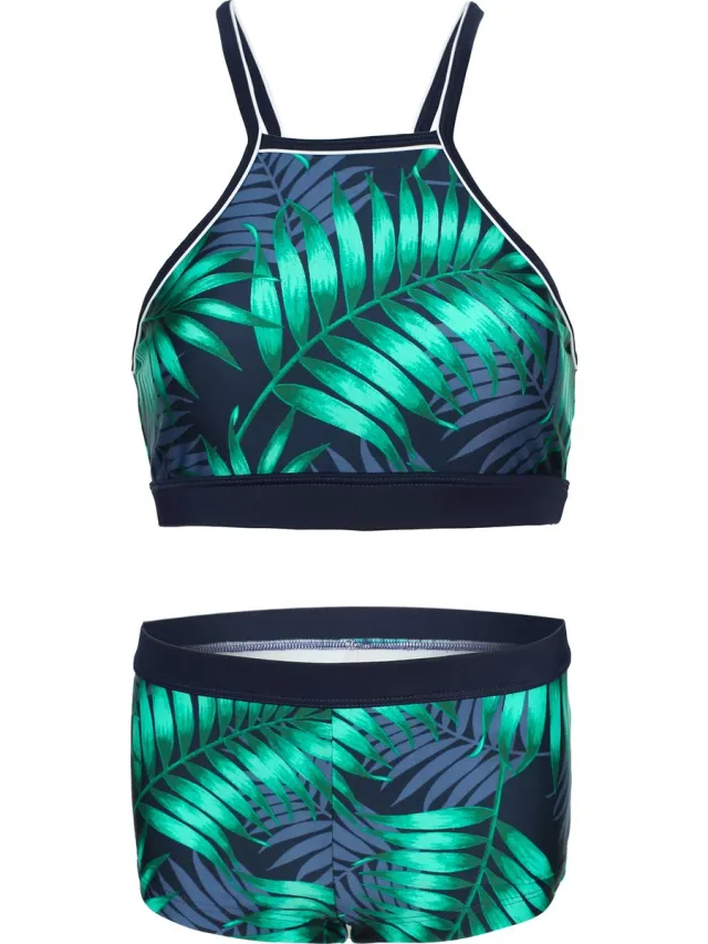 La V Bikini hipster broekje en crop top met racerback - Tropical leaf 152-158 Donkerblauw/ Groen