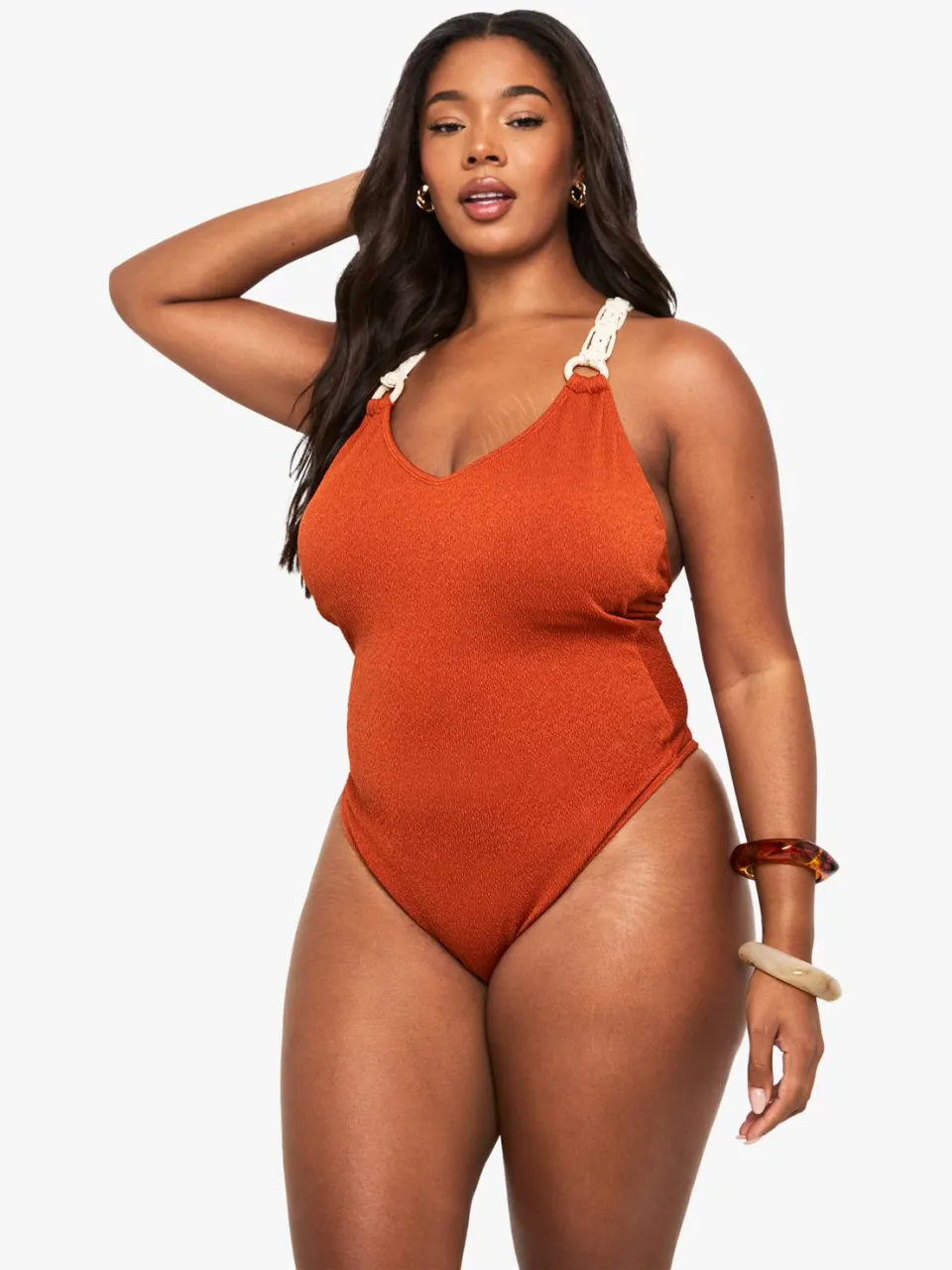 boohoo Dames PLUS BADKOSTUUM MET MACRAMÉ-BANDEN chocoladebruin, foto 3