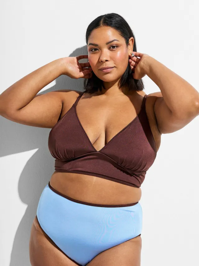 Zizzi reversible high waist bikinibroekje SENYA bruin/lichtblauw
