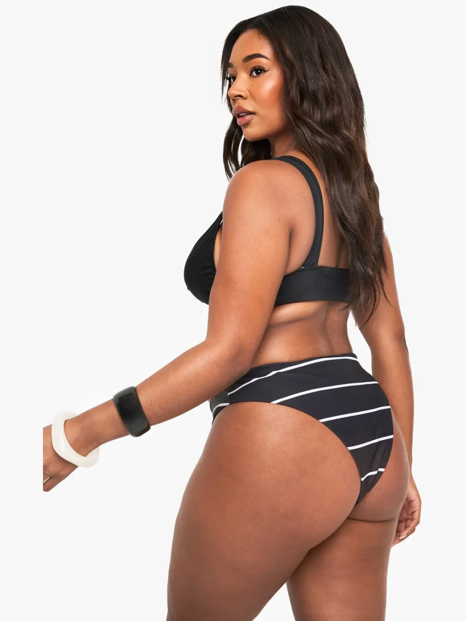 boohoo Dames Plus Zwemkleding Essentials Hoge Taille Gestreepte Slip zwart, foto 2