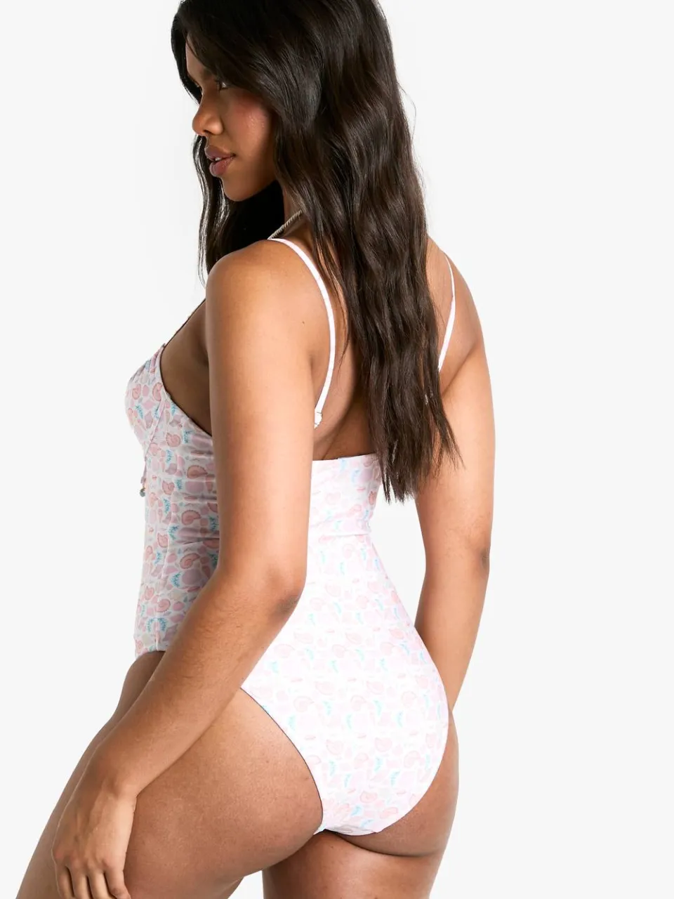 boohoo Dames Shell Print Pearl Trim Underwire Zwempak crème, foto 3