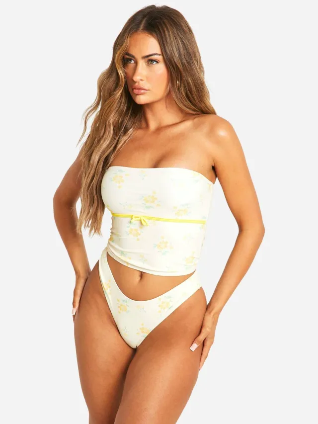 boohoo Dames Ditsy Bloemenprint Tankini Bikini Top & Hooggesneden Bikini Broekjes Set Citroen