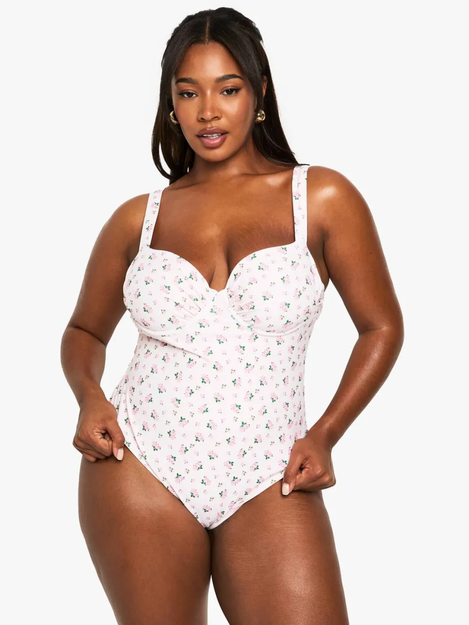 boohoo Dames Plus Zwemkleding Essentials Ditsy Floral Gerafeld Met Beugelde Cupjes Badpak roze, foto 2