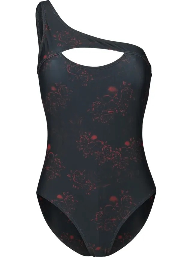Black Premium by EMP Zwart zwempak met print en asymmetrische schouder - Dames