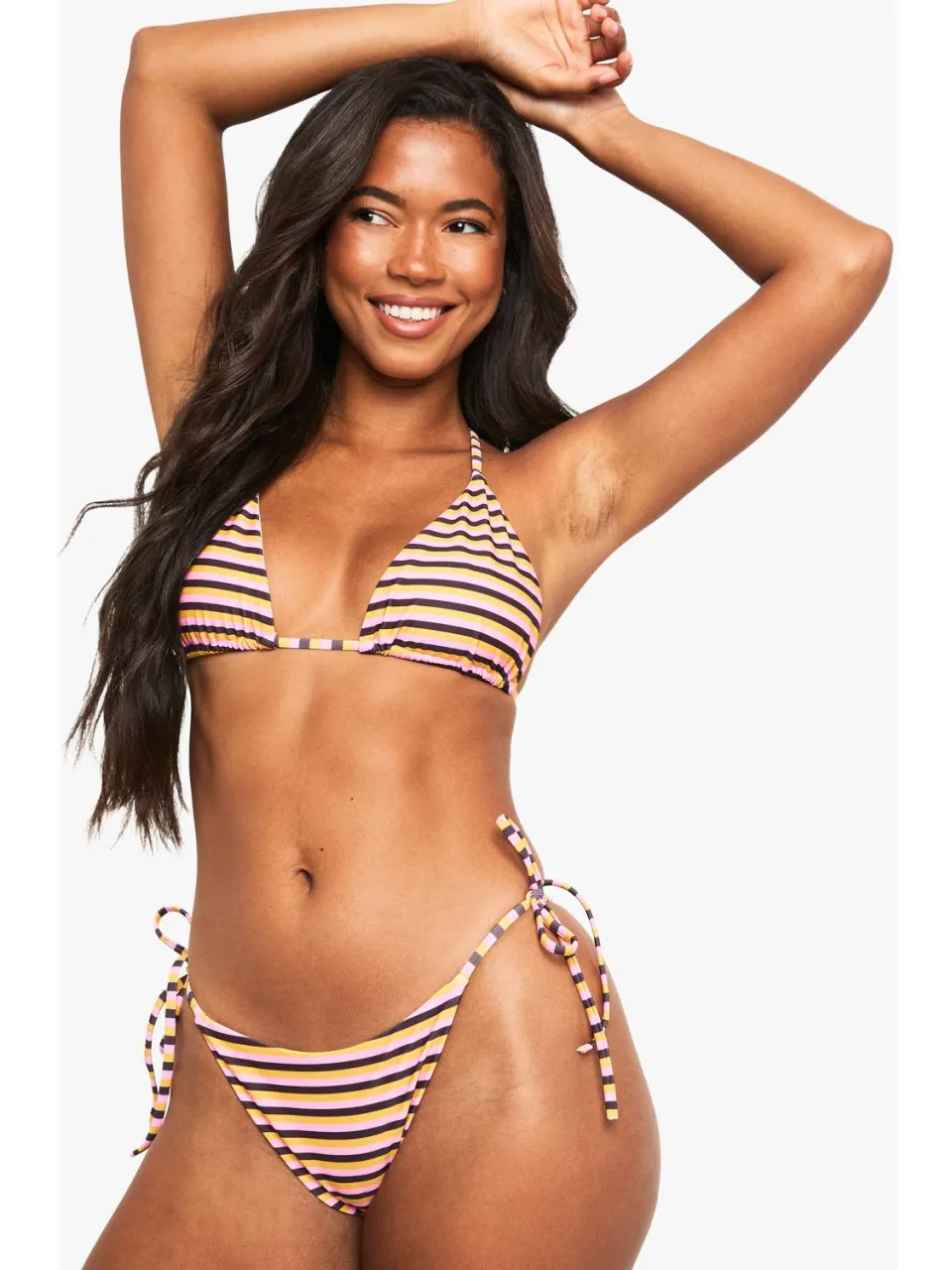 boohoo Dames Bikinislip met streepjes en strik aan de zijkant Roze