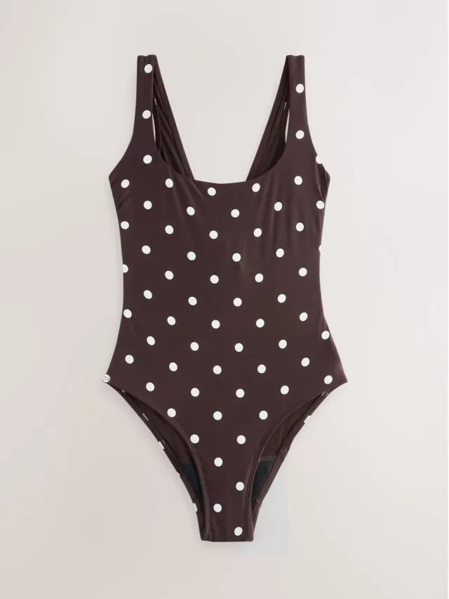 Next Dames - Buikcorrigerend menstruatiebadpak met lage hals - Bruin Chocolate Brown/Cream Spot