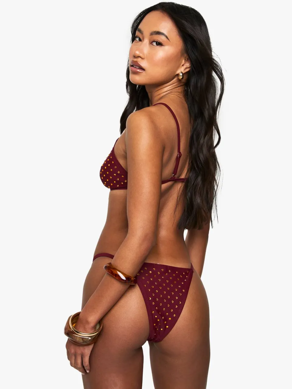 boohoo Dames Premium Swim Hot Fix Diamante Tanga Bikini Onderbroek bordeaux rood, foto 3
