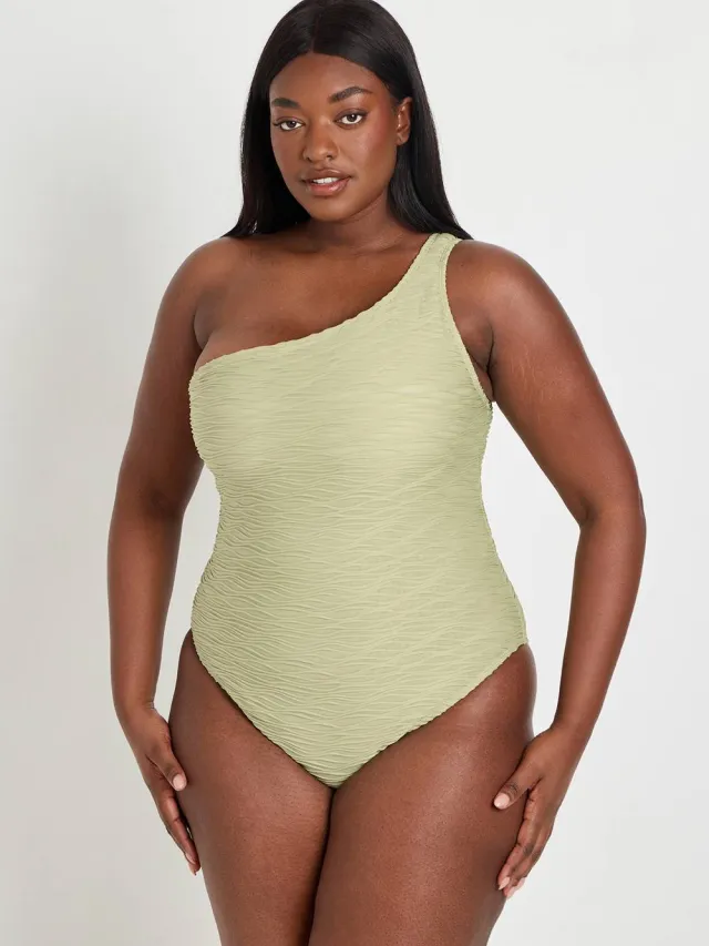 boohoo Dames Plus Badpak Met Textuur En Éen Schouder Olijf